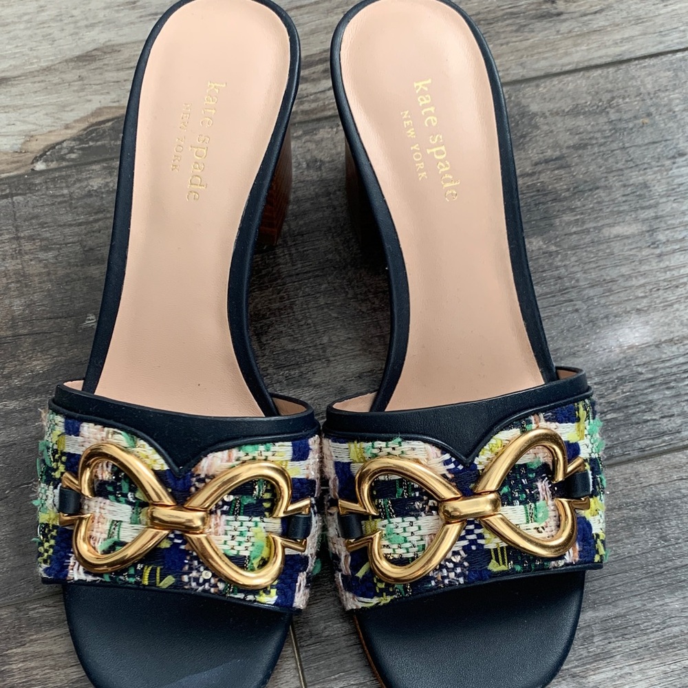 Kate Spade Navy and Gold Patterned Mules